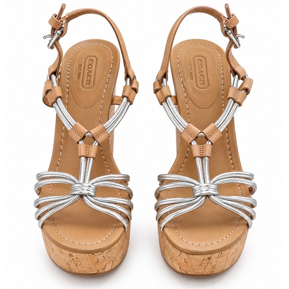 Coach Shoes - Coach Georgiana Wedge Sandals Tan Leather Silver Metallic Cork Platform 6.5B
